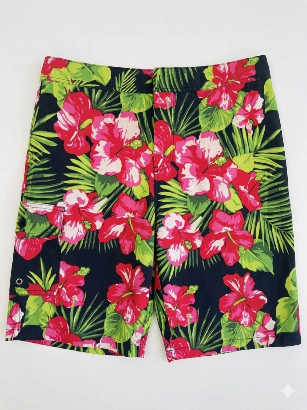 J. Crew Black Board Shorts with Pink Floral & Green Leaves, Size 34
